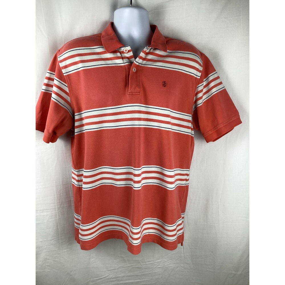 IZOD Polo Shirt Mens Large Orange Striped Short Sleeve Cotton Pique Casual